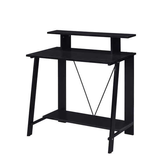 Black writing desk with V - shaped backing for durable office use