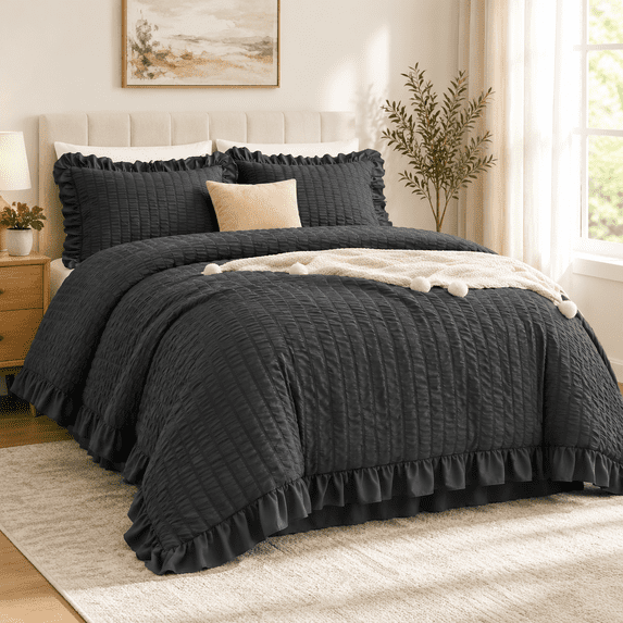 Black/xlforter Set 2 Pieces Seersucker Lightweight Fbedding Ruffle All ...