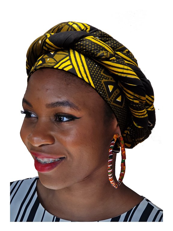 Black, yellow African Print Ankara Modu Hat Pre-tied Head wrap