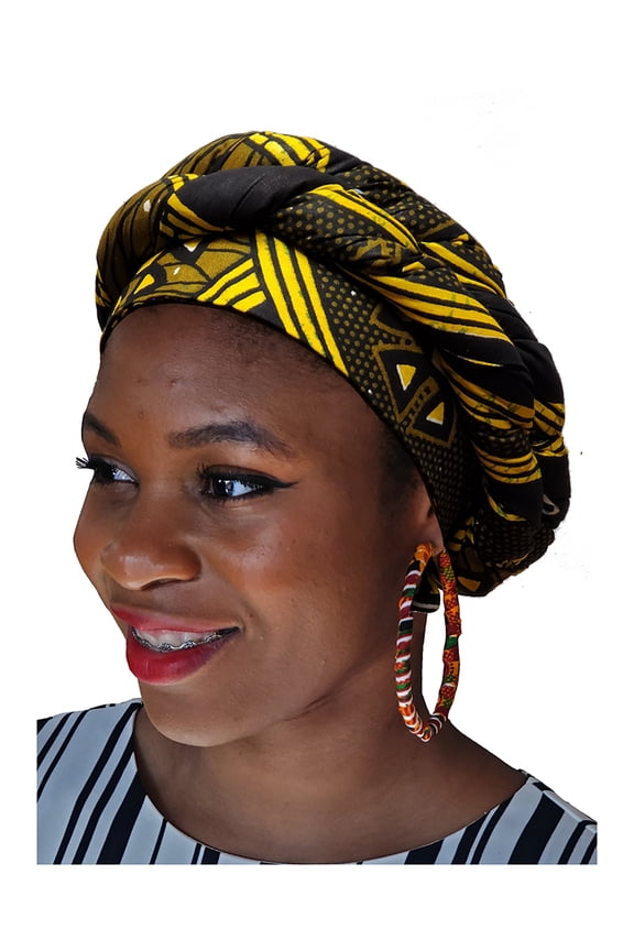 Black, yellow African Print Ankara Modu Hat Pre-tied Head wrap