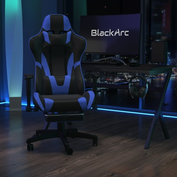 BlackArc Black & Blue Faux Leather Reclining Gaming Chair - Height Adjustable Pivot Arms, Pull-Out Footrest, Headrest & Lumbar Pillows