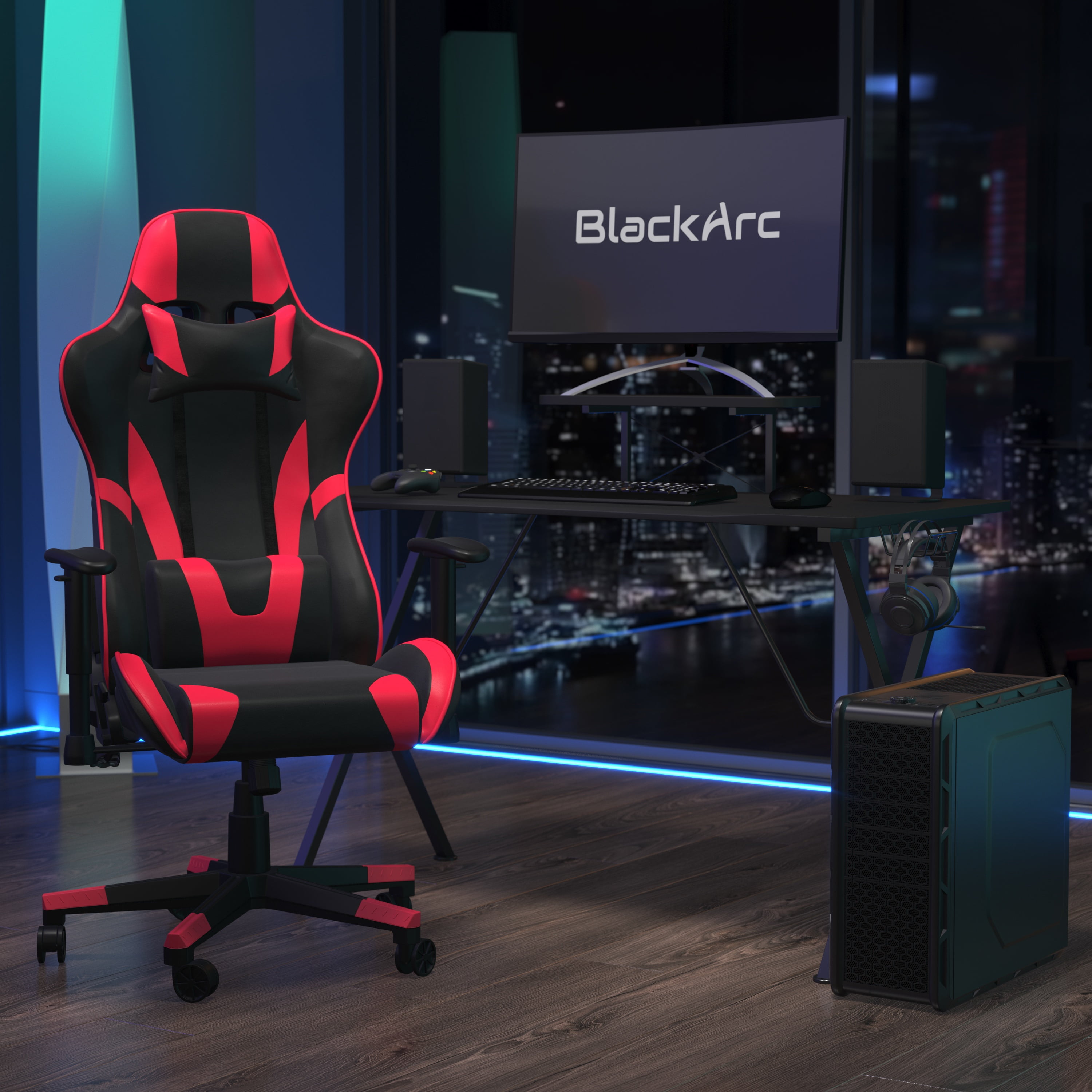 BlackArc Delta Gaming Setup: Reclining Chair with Lumbar Support &  Headrest; Desk with Detachable Headphone Hook/Cupholder & Monitor Stand