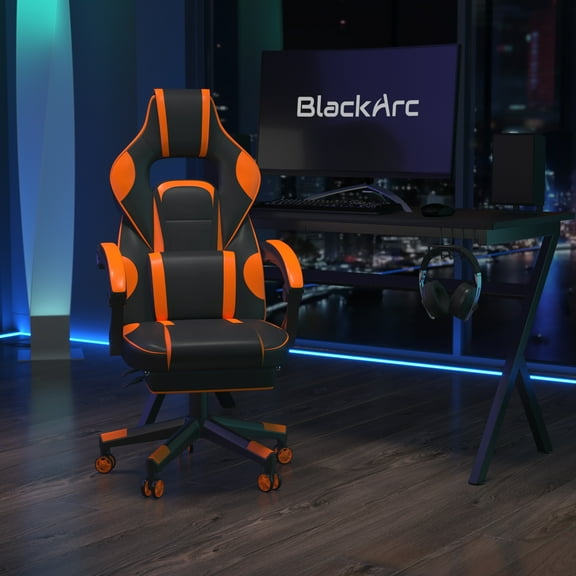 BlackArc Gaming Chair Outfitted With Footrest, Headrest, Lumbar Support Massage Pillow, Reclining Seat/Arms In Black & Orange