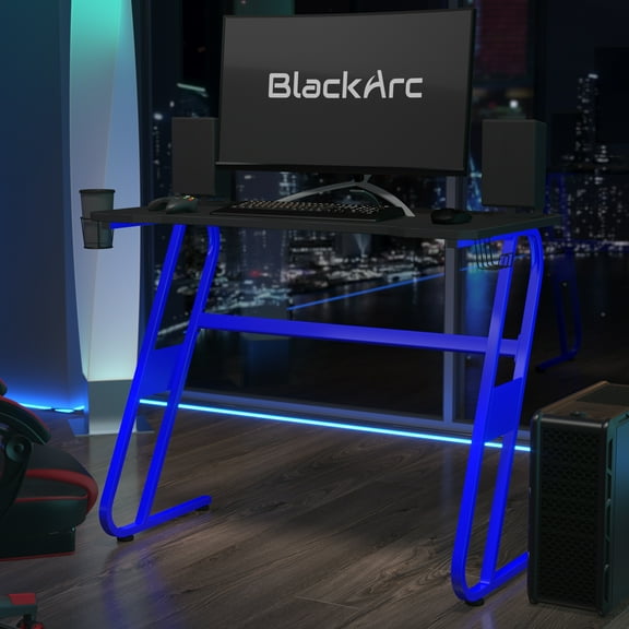 BlackArc Gaming Desk-Black Laminate Top-Blue "S" Shaped Steel Frame-Detachable Cupholder/Headphone Hook-2 Cable Management Holes