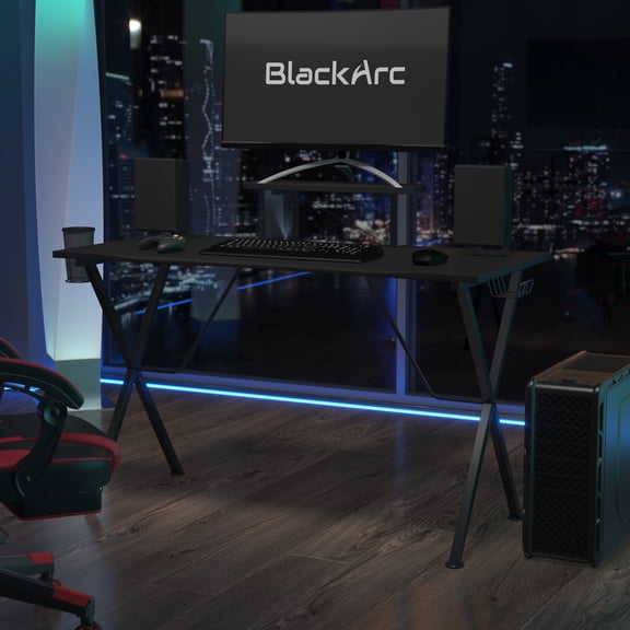 BlackArc Gaming Desk with Black Laminate Top and Black Steel Frame - Detachable Cupholder, Headphone Hook & Smartphone/Monitor Stand