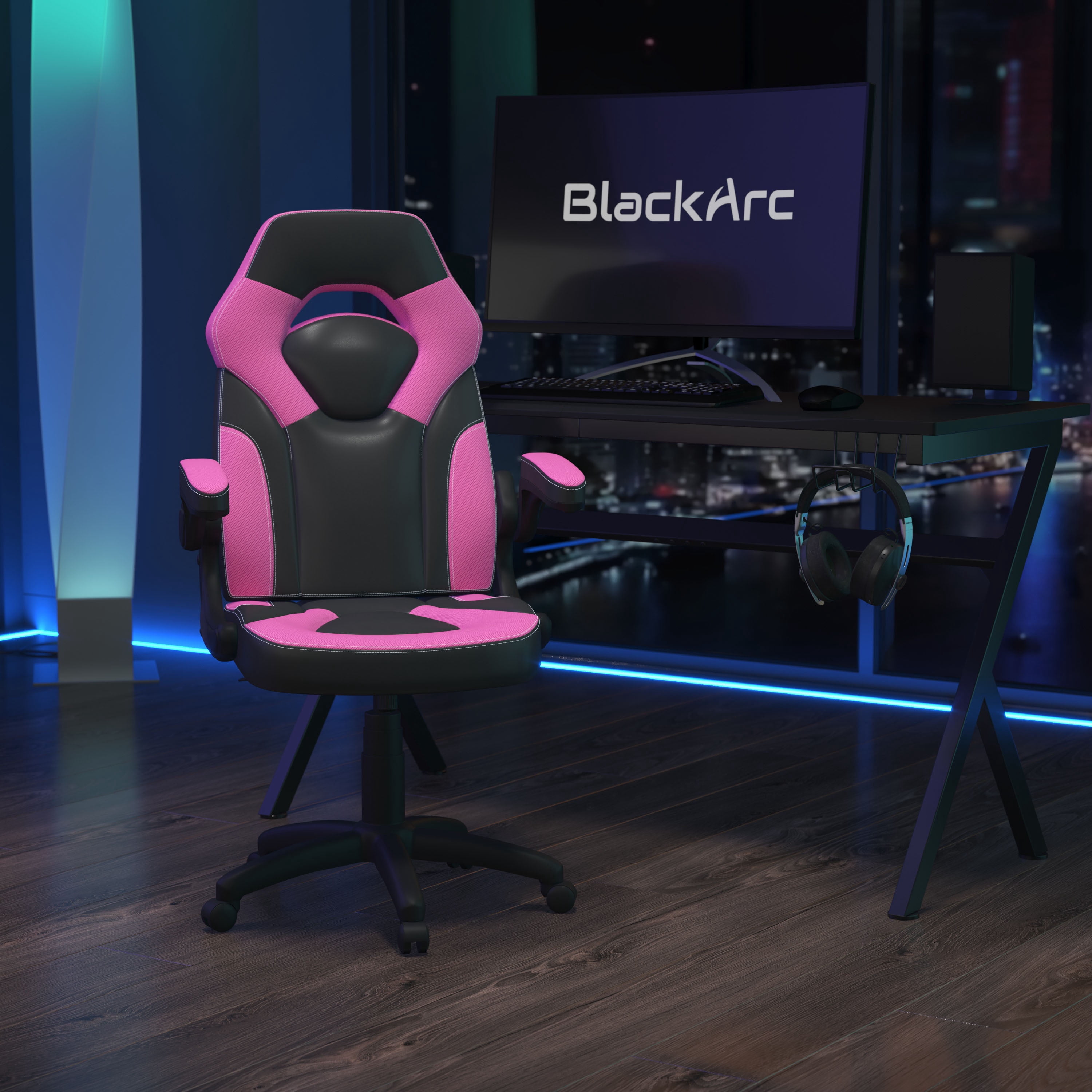 BlackArc High Back Gaming Chair, Faux Leather, Adjustable Swivel Seat, Flip-Up Arms, Pink