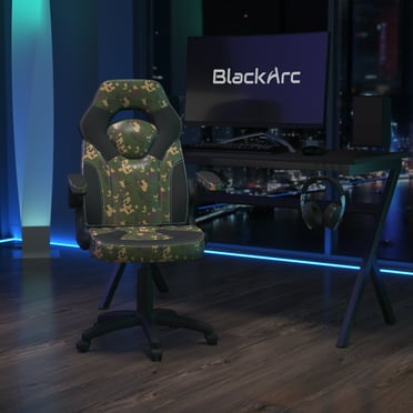 BlackArc High Back Gaming Chair with Camo and Black Faux Leather Upholstery, Height Adjustable Swivel Seat & Padded Flip-Up Arms