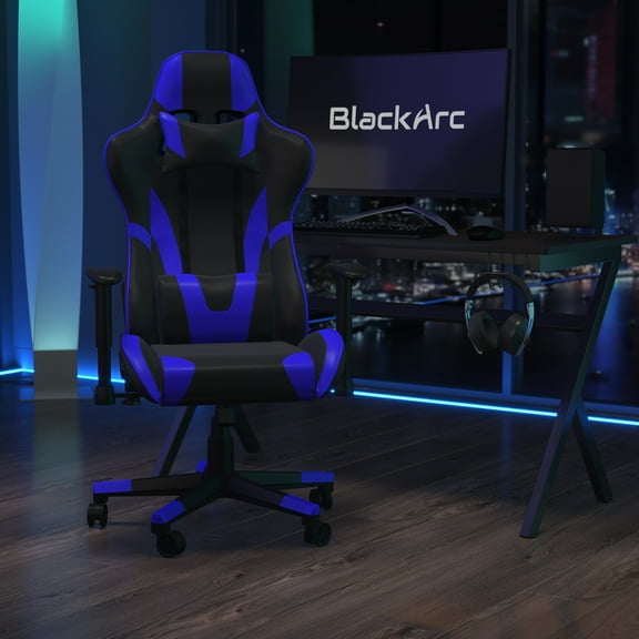 BlackArc High Back Reclining Gaming Chair in Black & Blue Faux Leather -Height Adjustable Arms - Headrest & Lumbar Support Pillows