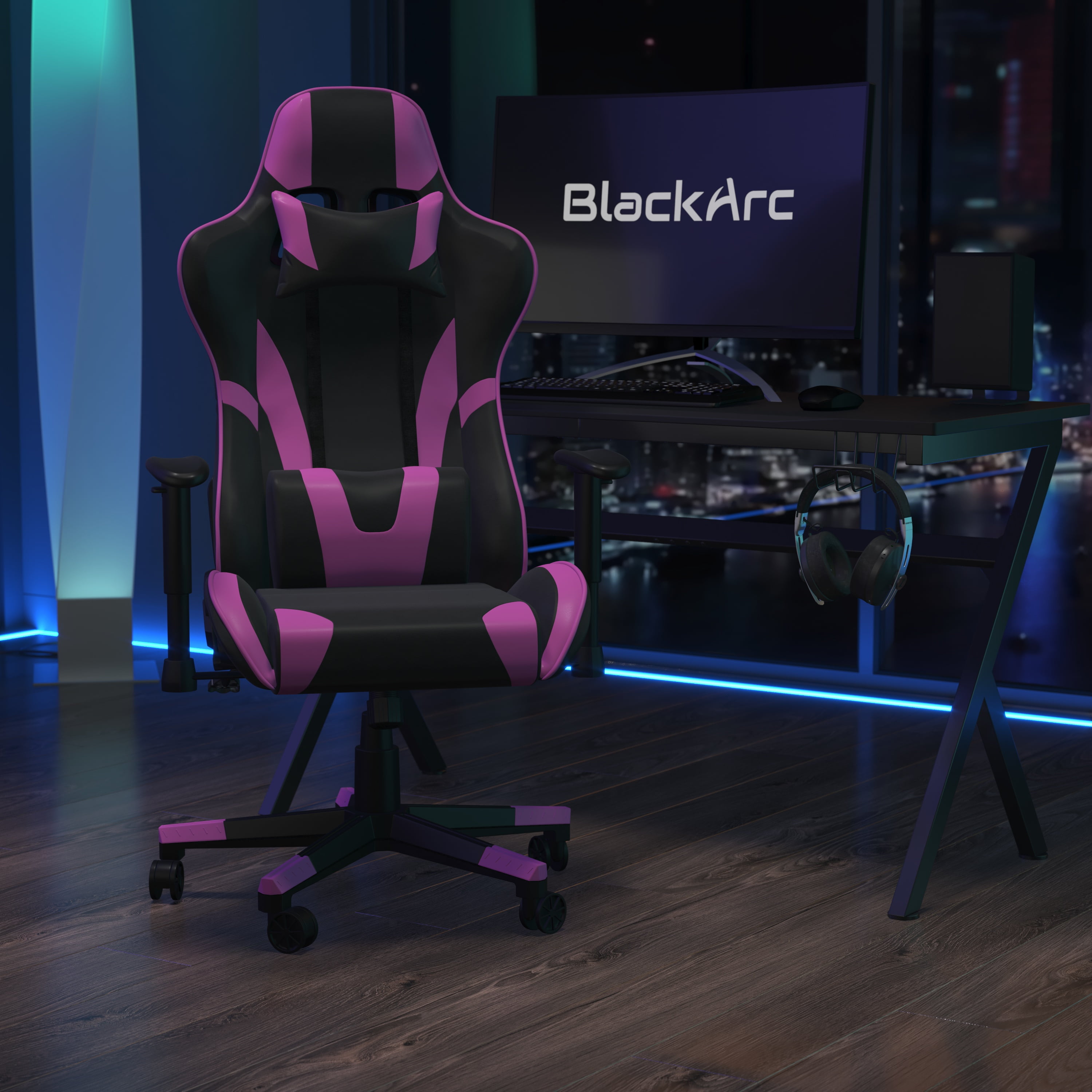 BlackArc High Back Reclining Gaming Chair in Black Purple Faux Leather Height Adjustable Arms Headrest Lumbar Support Pillows