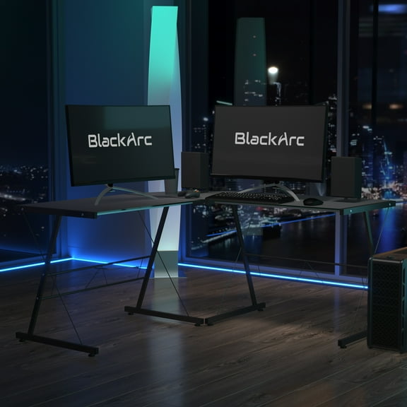 BlackArc L-Shaped Gaming Desk with 83.5" Diagonal Width Black Tempered Glass Top and Powder Coated Silver Steel Frame