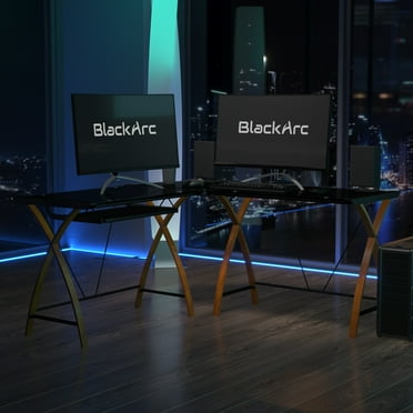 BlackArc L-Shaped Gaming Desk with Black Tempered Glass Surface and Crisscross Cherry Finished Legs - Sliding Keyboard Tray