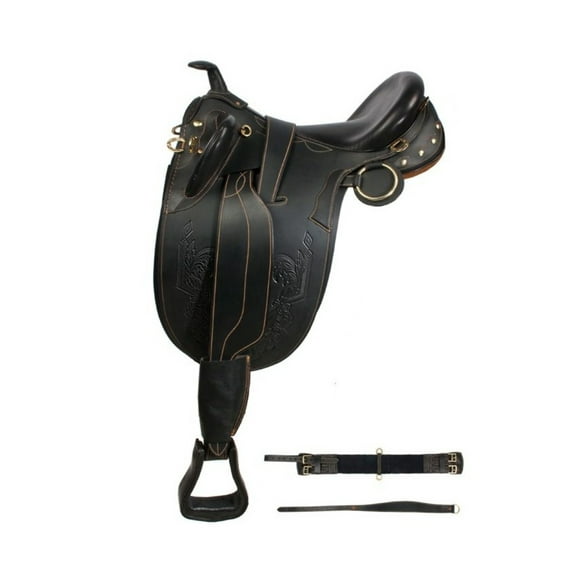 BlackAustralian Embossed On Flap Black Leather Stock Horse Aussie Style Saddle with Horn Australian Style Saddle 16"