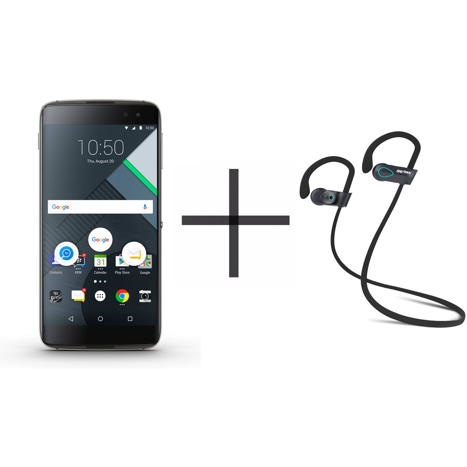 BlackBerry DTEK60 Unlocked GSM Smartphone and SHARKK Flex 20 Wireless Bluetooth Waterproof Headphones with Mic, Black (Value Bundle) - image 1 of 16