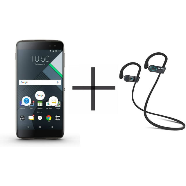 BlackBerry DTEK60 Unlocked GSM Smartphone and SHARKK Flex 20 Wireless Bluetooth Waterproof Headphones with Mic, Black (Value Bundle)
