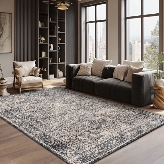 Pentantan 8'x10' Area Rugs, Washable Vintage Boho Rugs for Living Room, Retro Soft Indoor Carpet for Bedroom, Dining Room, Office, Black