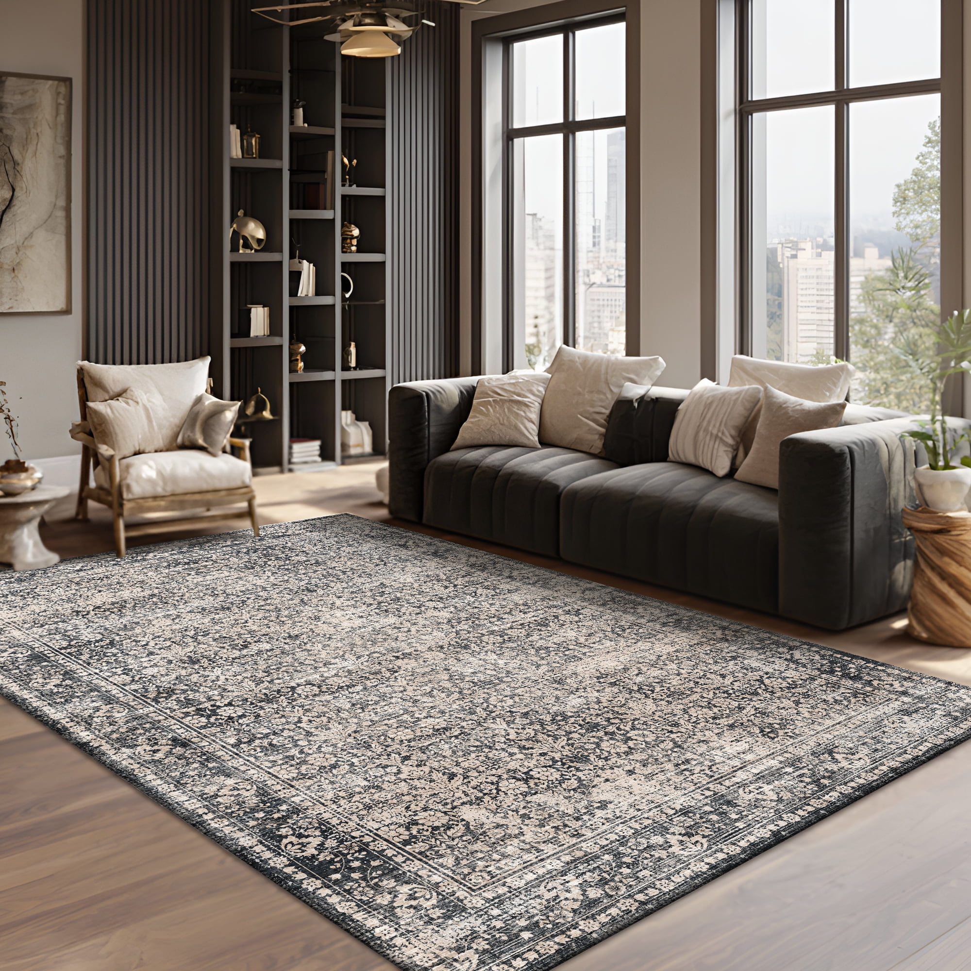 Pentantan 9'x12' Area Rugs, Washable Vintage Boho Rugs for Living Room, Retro Soft Indoor Carpet for Bedroom, Dining Room, Office, Black