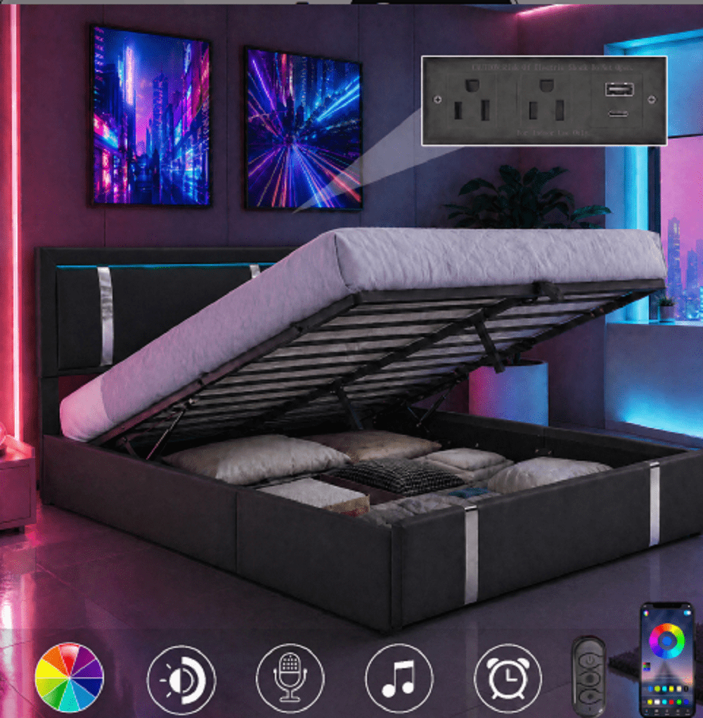 BlackFull Size Lift Up Storage Bed Frame with Adjustable LED Lights ...