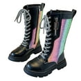 thumbnail image 1 of Girls Knee High Lace Up Side Zipper Mid Calf Combat Riding Boots Sparkly Rainbow Winter Boots for Kids Party Christmas Holiday Black Size 3 Big Kids, 1 of 8
