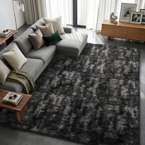 Pentantan 8ft x 10ft Shag Area Rug, Soft Fluffy Rugs for Living Room Bedroom, Modern Tie-dye Home Carpet, Black