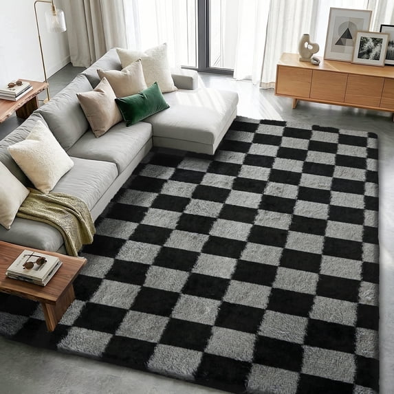 Pentantan 5ft x 8ft Shag Area Rugs for Living Room, Classic Checkered Fluffy Bedroom Carpet, Black & Gray