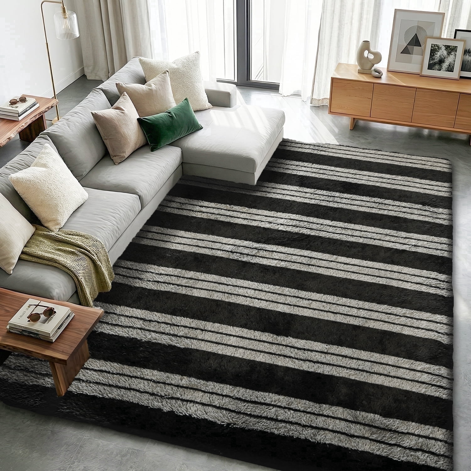 Pentantan 8ft x 10ft Shag Area Rugs for Living Room, Modern Stripe Fluffy Bedroom Carpet, Black & Gray