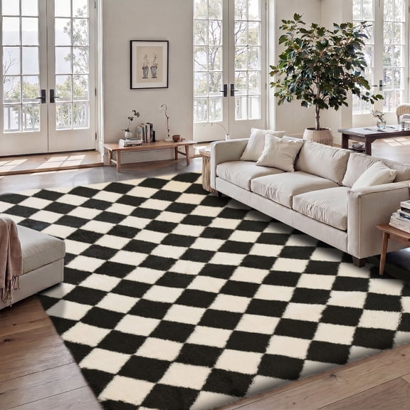 Pentantan 5’x 8’ Shag Area Rugs, Soft Fluffy Modern Checkered Indoor Carpet for Living Room Bedroom, Black & White