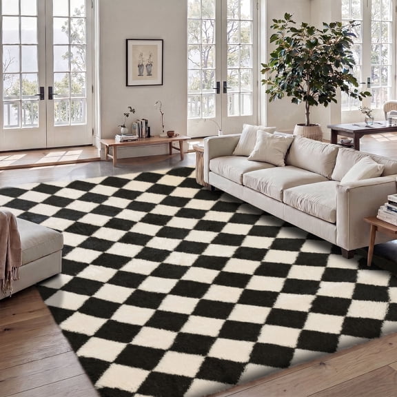 Pentantan 5’x 8’ Shag Area Rugs, Soft Fluffy Modern Checkered Indoor Carpet for Living Room Bedroom, Black & White