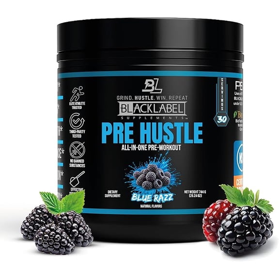 BlackLabel Supplements PRE HUSTLE- Blue Razz, Pre-Workout, 200mg Caffeine, 30 Servings