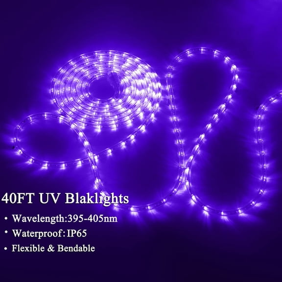 BlackLights LED Rope Strip Lights, 110V Outdoor Black Lights Kit, Waterproof 432LEDs 40FT Flexible Purple Rope Light for Birthday Halloween Stage Fluorescent Dance Party Home Decoration