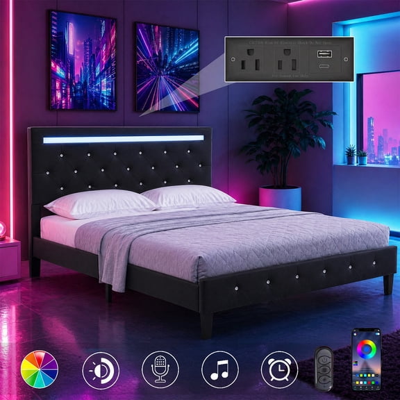 BlackQueen Size Bed Frame with LED Light and Charging Station, Faux Leather Upholstered Platform Bed with Handcrafted Crystal Button Adjustable Headboard, No Box Spring Needed, Solid Wooden Slats