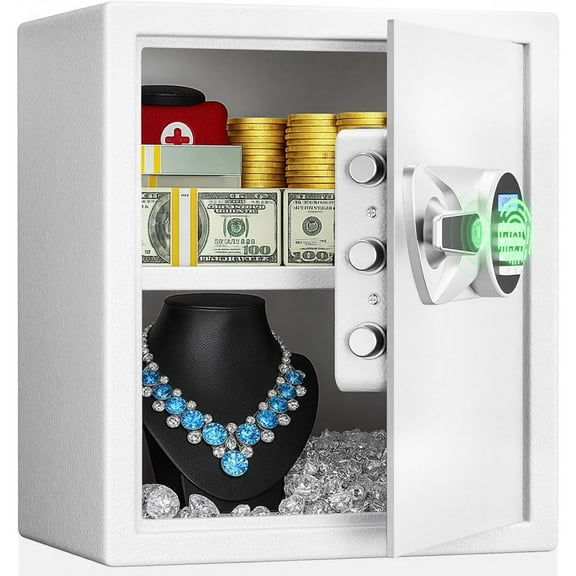 BlackSmith Home Safe Box 1.5 Cub Quick Access Biometric Safe with LCD Display, Fireproof Bag Digital Security Lock Box Secure Money Jewelry Documents for Office Hotel, White
