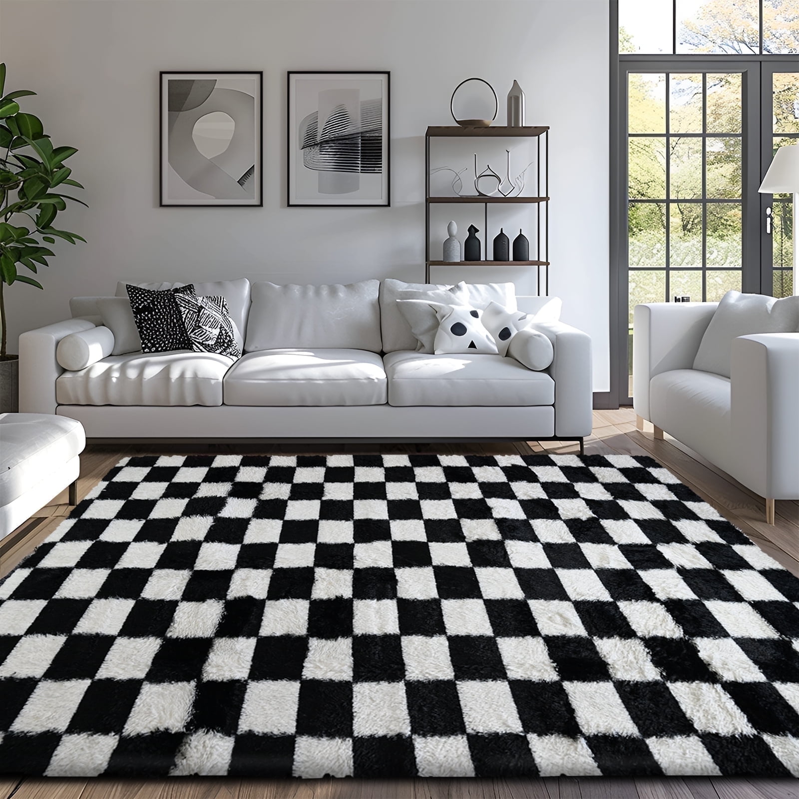 Pentantan 5ft x 8ft Shag Area Rugs for Living Room, Classic Checkered Fluffy Bedroom Carpet, Black & White