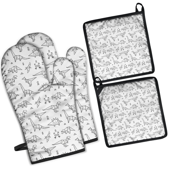BlackWhite Origami Dinosaurs Tribal Pattern Kitchen Oven Mitt and Pot Holder Sets 2 Pcs for Baking, Cooking and Grilling, Heat Resistant Up To 392 °F