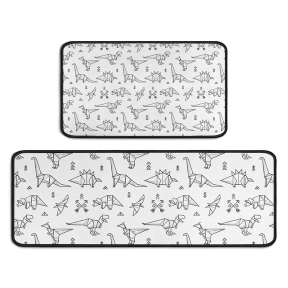 BlackWhite Origami Dinosaurs Tribal Pattern Kitchen Rugs Sets Of 2,Anti Fatigue Kitchen Mat Rugs Non Slip Washable,Decorative Kitchen Floor Mats for Kitchen,Sink,Laundry,17"X30"+17"X47"