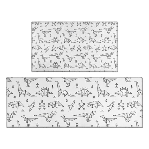 BlackWhite Origami Dinosaurs Tribal Pattern Kitchen Rugs Sets Of 2,Anti Fatigue Kitchen Mat Rugs Non Slip Washable,Decorative Kitchen Floor Mats for Kitchen,Sink,Laundry,17"x30"+17"x47"