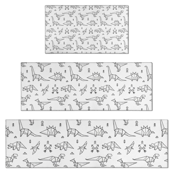 BlackWhite Origami Dinosaurs Tribal Pattern Kitchen Rugs Sets Of 3,Kitchen Runner Rugs Non Skid Washable,Decorative Kitchen Floor Mats for Kitchen,Sink,Laundry,17"x30"+ 17"x47" + 17"x59"