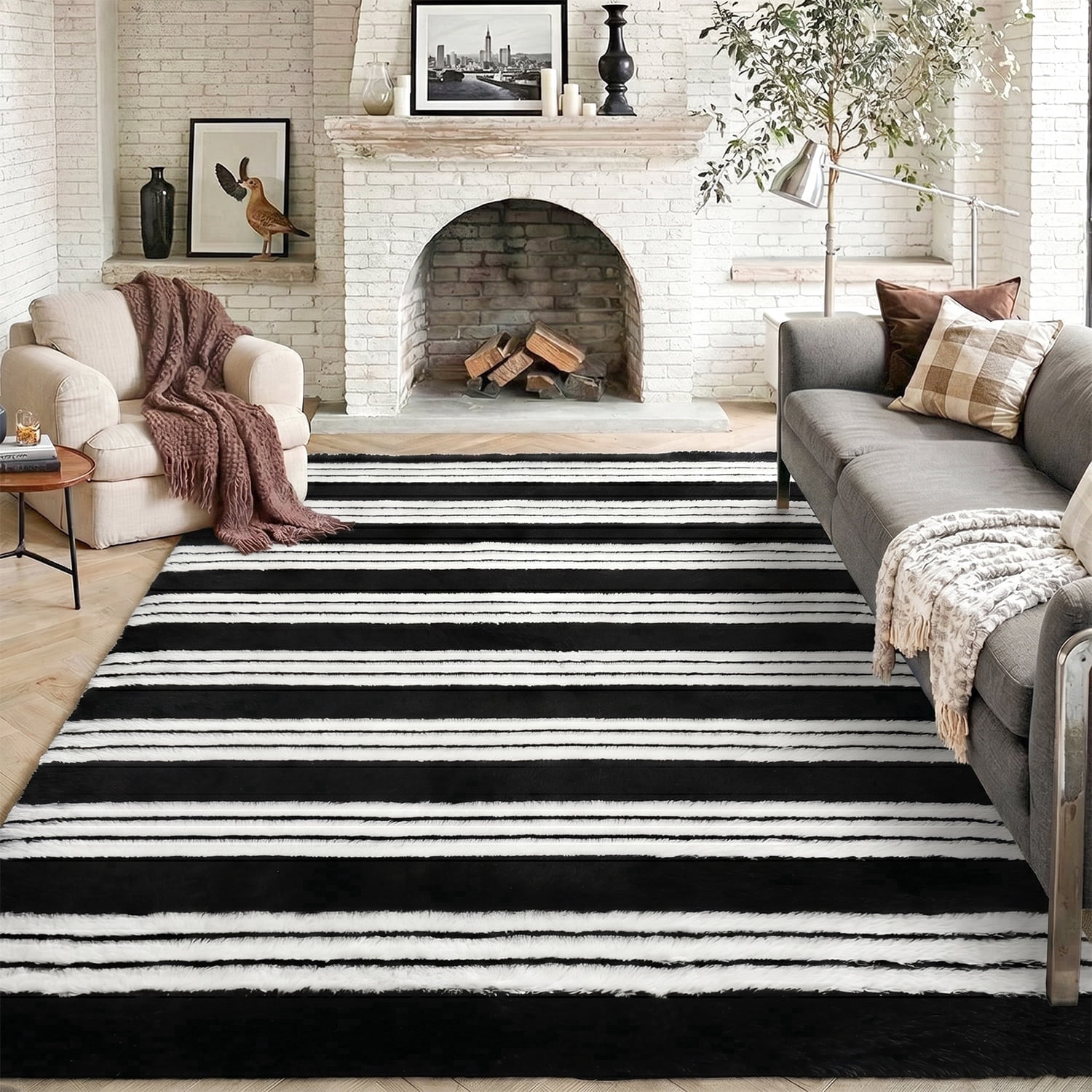 Pentantan 5ft x 8ft Shag Area Rugs for Living Room, Modern Stripe Fluffy Bedroom Carpet, Black & White