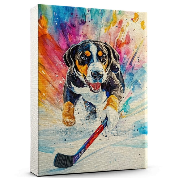 Blackand Tan Coonhound Dog Playing Ice Hockey Wall Canvas  Blackand Tan Coonhound Canvas Art for Dog Lovers, Ice Hockey Canvas and Unique Room Decor