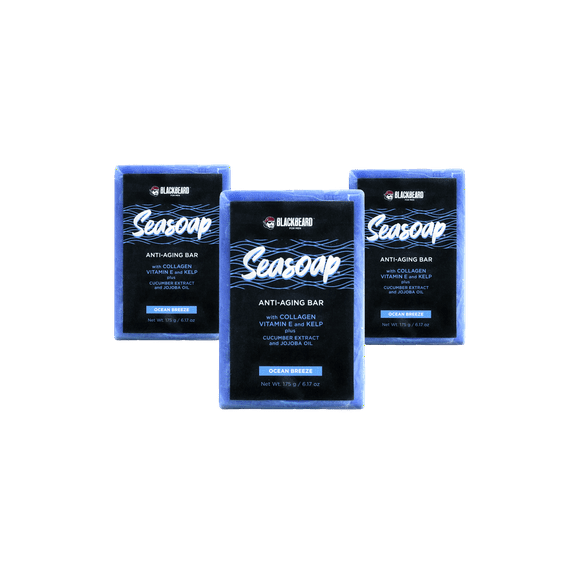 Blackbeard for Men Seasoap Anti-Aging Bar, Mens Natural Face and Body Cleansing Soap, Hydrating Luxury Bar Soap with Collagen, Kelp and Vitamin E, 3 Pack
