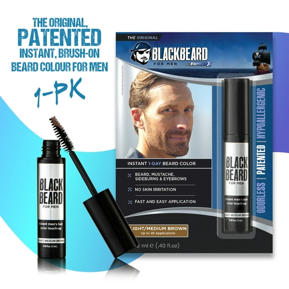 Blackbeard for Men Instant Beard Color – All Day Beard, Mustache, Eyebrow, and Sideburns Color – Temporary, Hypoallergenic Beard Dye Alternative – Up to 45 applications – Light Medium Brown, 1 Pack