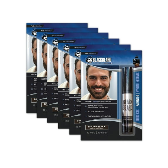 Blackbeard for Men Instant Beard Color – All Day Beard, Mustache, Eyebrow, and Sideburns Color – Temporary, Hypoallergenic Beard Dye Alternative – Up to 45 applications – Brown/Black , 6 Pack