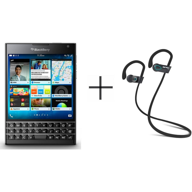 Blackberry Passport SQW100-1 Unlocked GSM Smartphone and SHARKK Flex 20  Wireless Bluetooth Waterproof Headphones with Mic, Black (Value Bundle)
