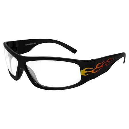 Birdz Eyewear Blackbird Sport Motorcycle Riding Sunglasses Black Orange Flames Frame with Clear Lens