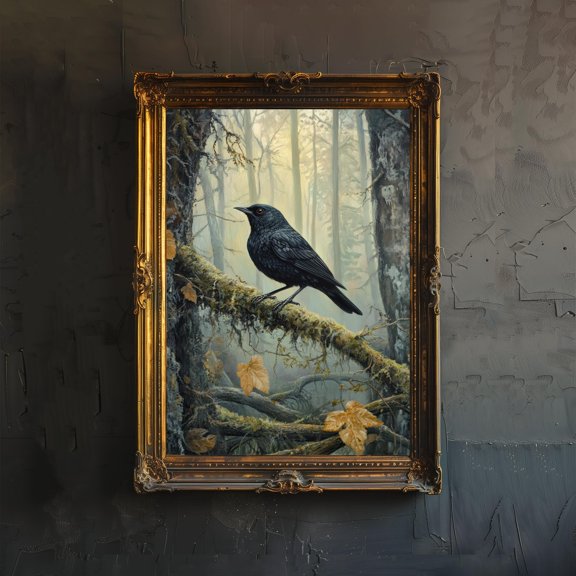 Blackbird on Branch Cottagecore Dark Academia Art Print Mystical Woodland Wall Art Vintage Nature Poster for Living Room Bedroom or Gallery