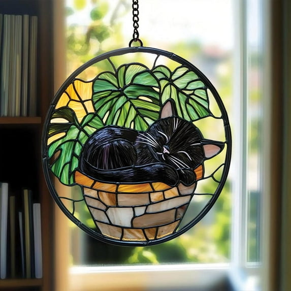 Blackcat Monstera Plant Suncatcher, Monstera Leaves Window Hanging, Cat Mom Gift, Plant Lover Acrylic Ornament for Home Decor