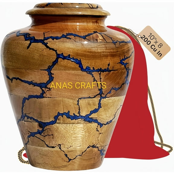 Mahak Nisar Timber Resin Cremation Urn for Ashes, Blue 8" x 7" x 7" Mangowood Cremation Urns