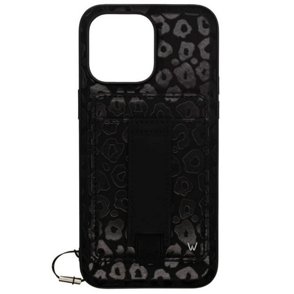 Walli Cases Blacked Out Leopard Magnetic Phone Case for iPhone 15 Pro with Wallet, Kickstand & Finger Strap