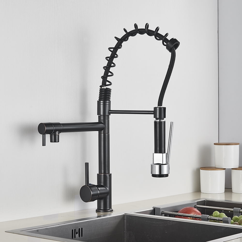 Blackend Spring Kitchen Sink Faucet Pull Down Sprayer Dual Spout Mixer Tap