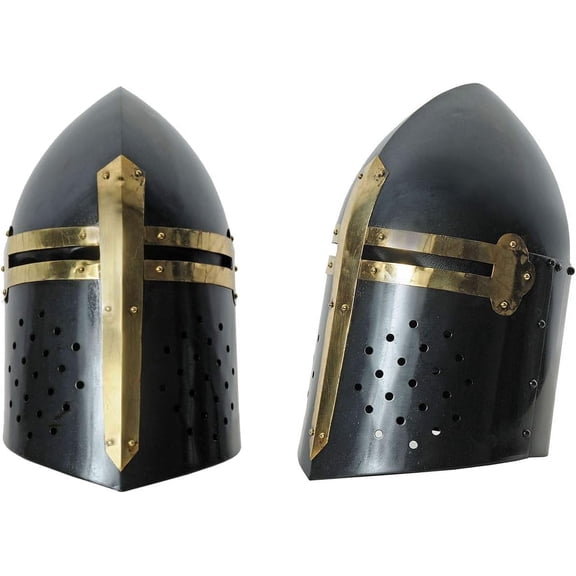 SZCO Black Sugarloaf Helmet Carbon Steel Medieval Knight Helmet with Brass Cross Inner Lining and Adjustable Strap for Costume and Display