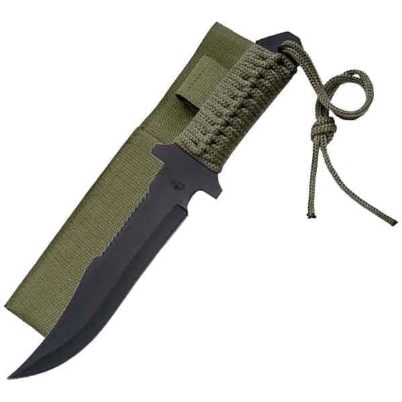 Rite Edge 11.5 Inch Fixed Blade Hunting Knife Cord Wrapped Handle, Black Finish Outdoor Utility Knife with Nylon Sheath